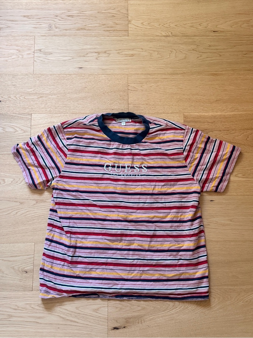 GUESS Striped Crewneck Tee in Pink, Navy & Yellow